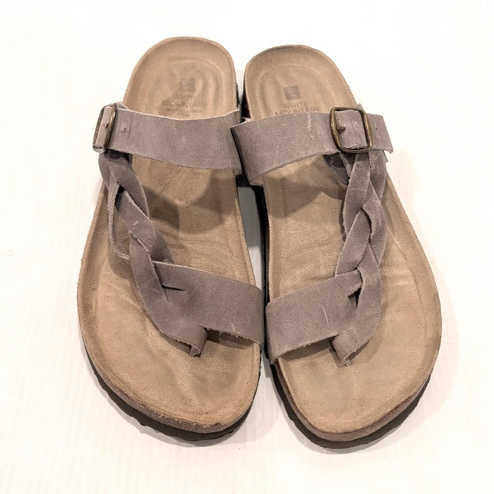 WHITE MOUNTAIN Women's Gray Leather Braided Strappy Toe Loop Sandals Size 10