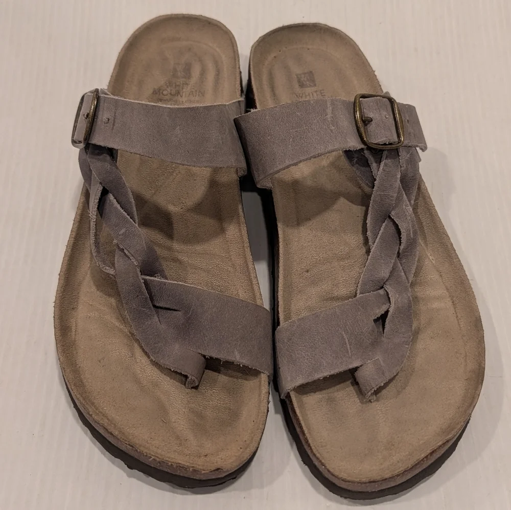 WHITE MOUNTAIN Women's Gray Leather Braided Strappy Toe Loop Sandals Size 10