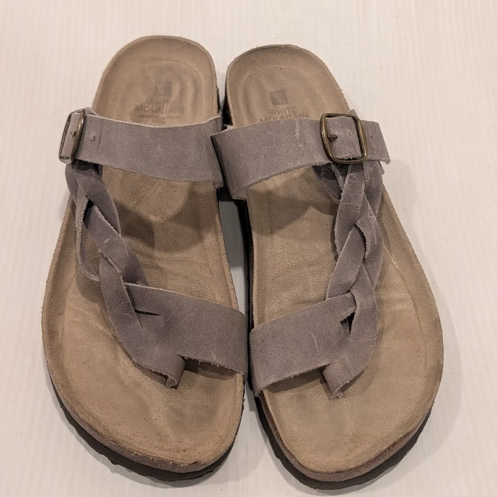 WHITE MOUNTAIN Women's Gray Leather Braided Strappy Toe Loop Sandals Size 10