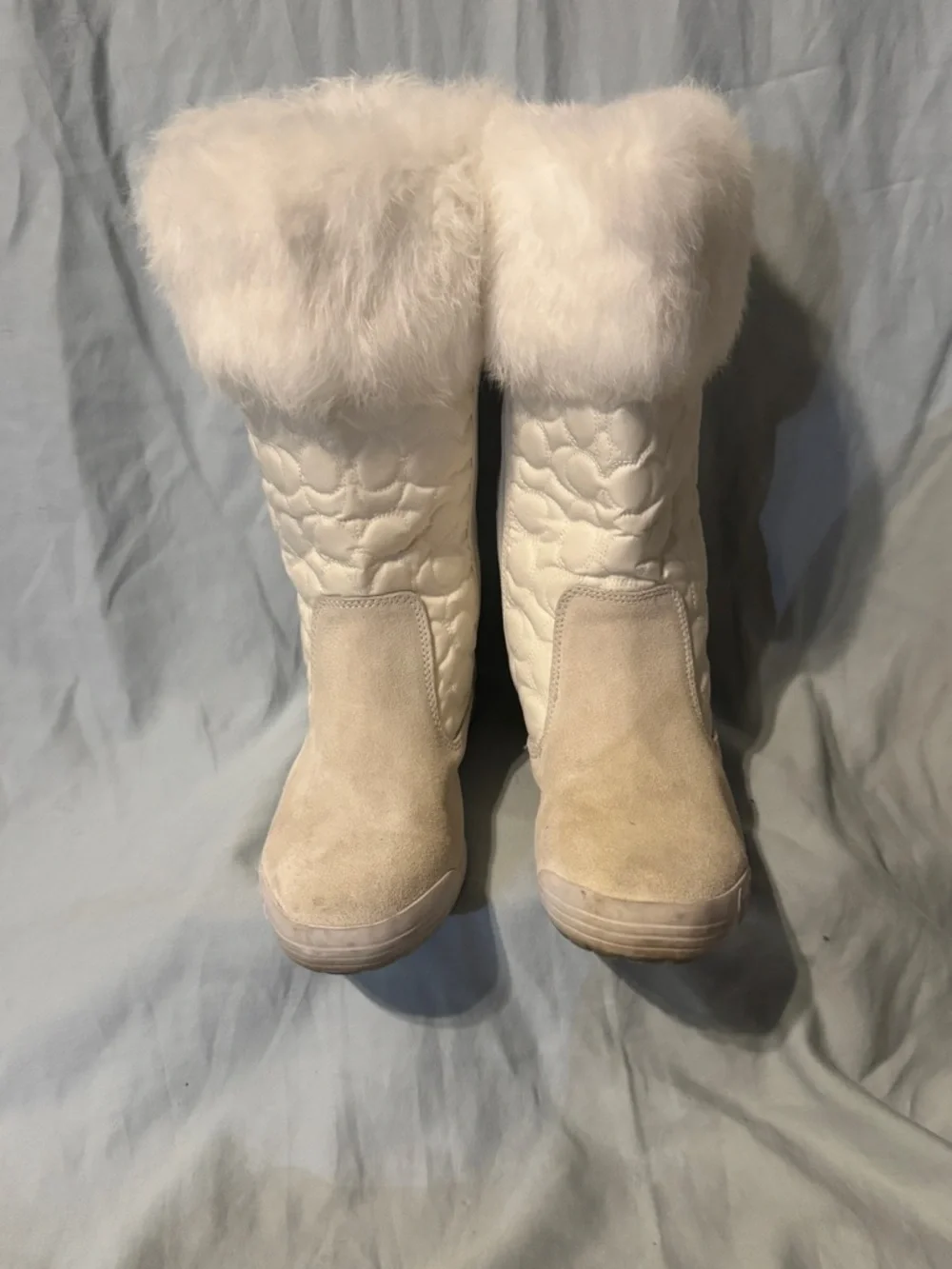 Coach Talen Quilted Winter Boots Fur Trim Ivory Size 7