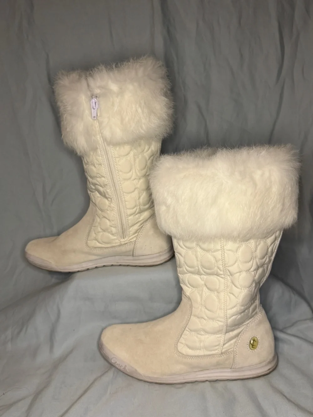 Coach Talen Quilted Winter Boots Fur Trim Ivory Size 7