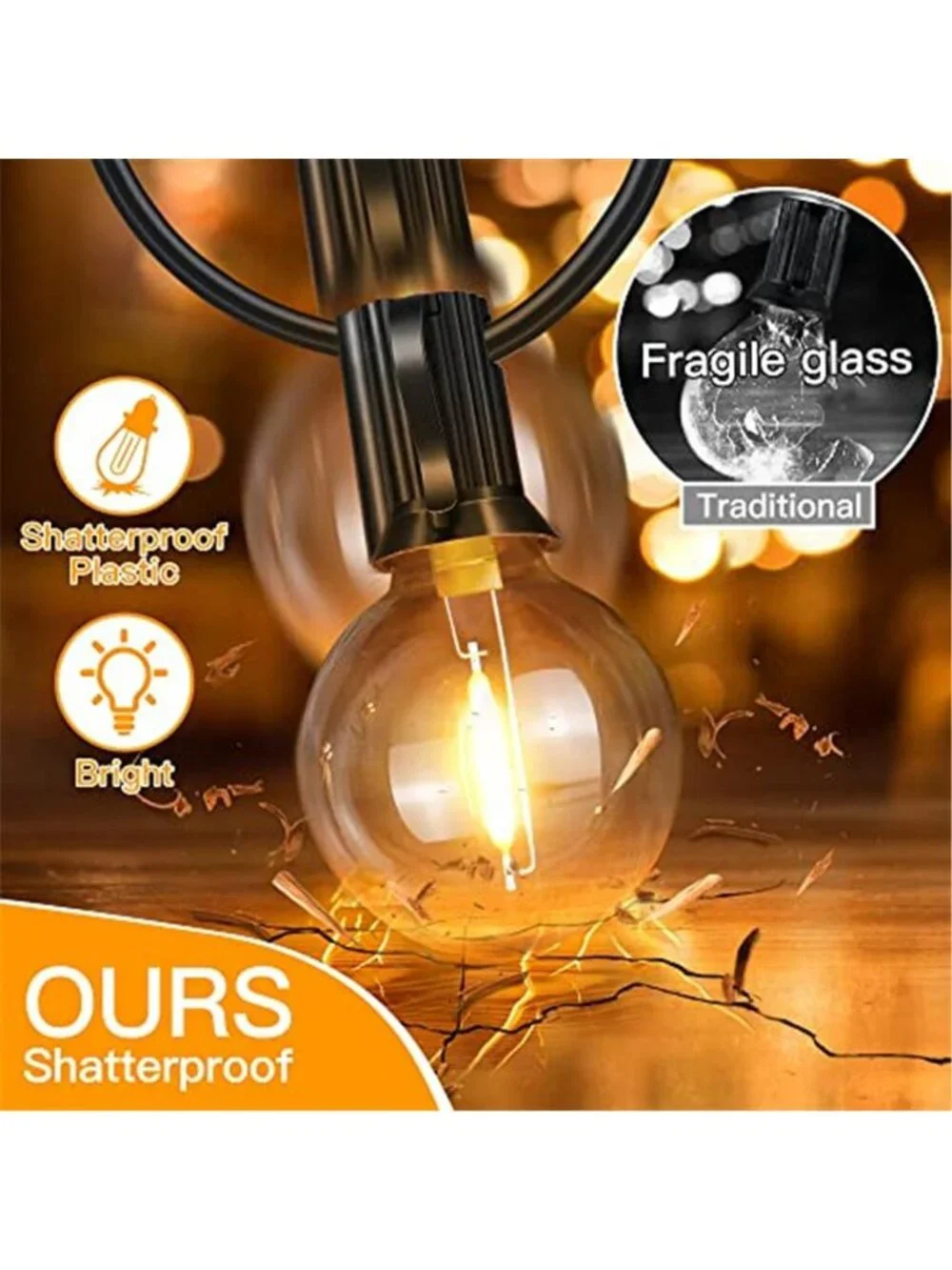 Outdoor LED String Lights Warm White Black Wire Waterproof Shatterproof 50FT