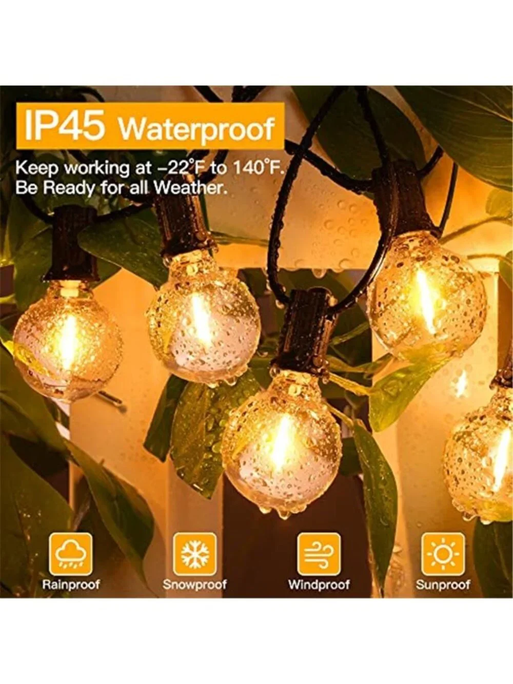Outdoor LED String Lights Warm White Black Wire Waterproof Shatterproof 50FT