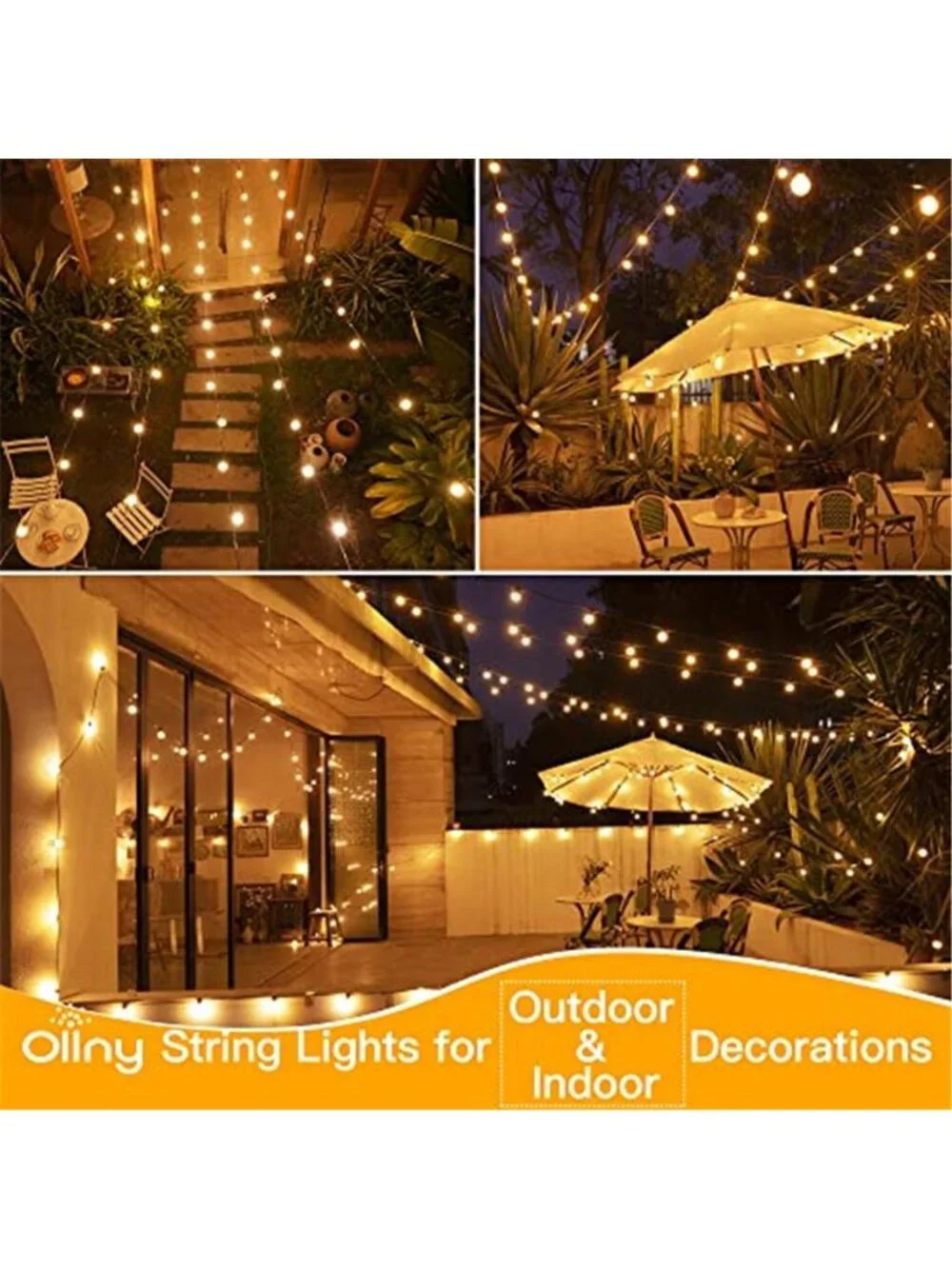 Outdoor LED String Lights Warm White Black Wire Waterproof Shatterproof 50FT