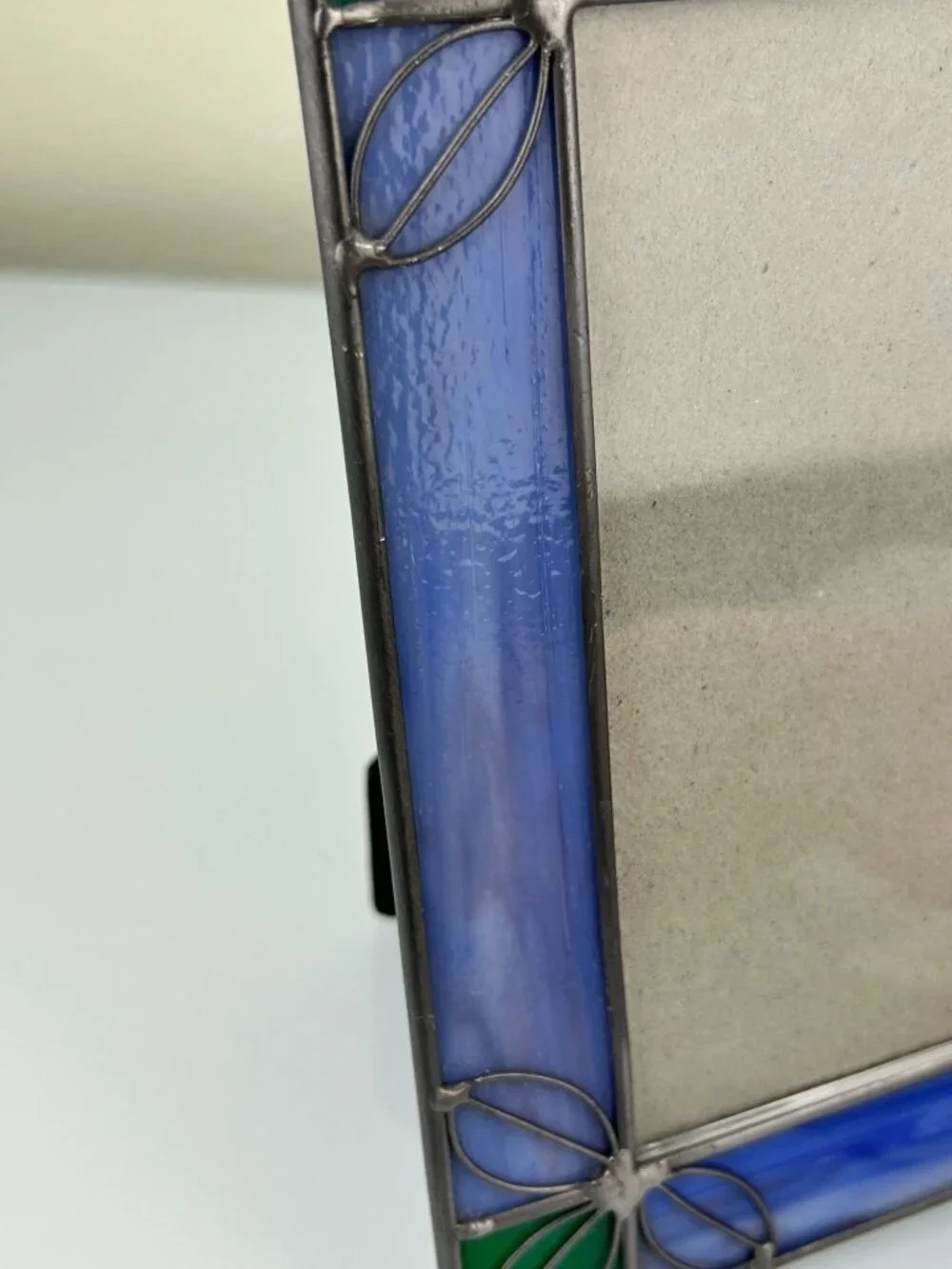 Vintage Stained Glass & Metal Picture Frame Blue Green Silver Home Decor