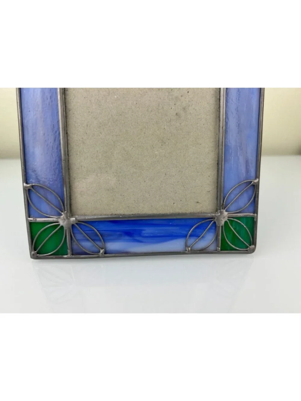 Vintage Stained Glass & Metal Picture Frame Blue Green Silver Home Decor