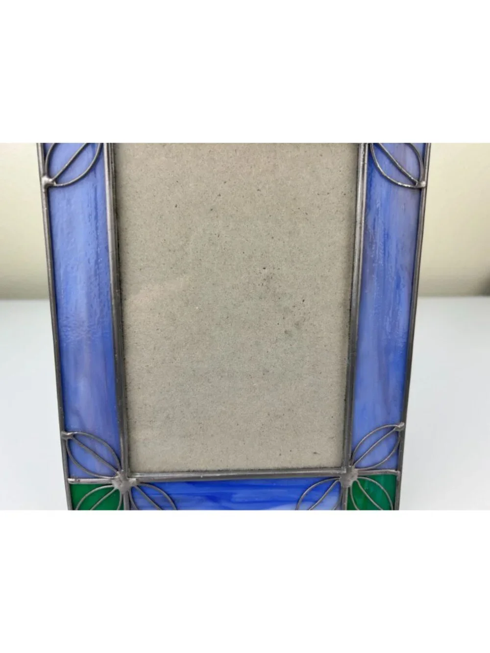 Vintage Stained Glass & Metal Picture Frame Blue Green Silver Home Decor