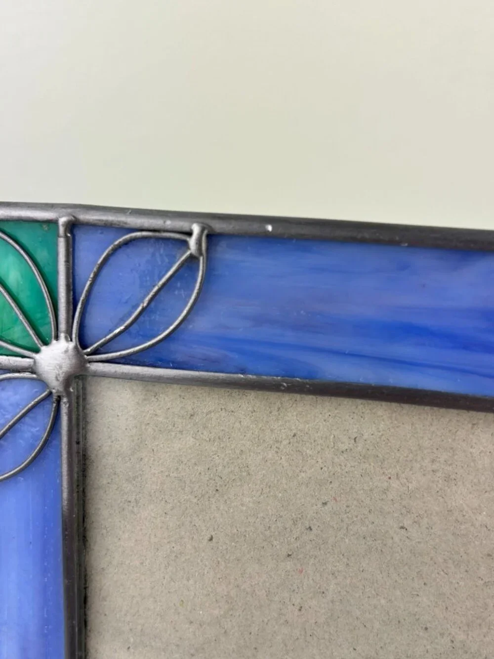 Vintage Stained Glass & Metal Picture Frame Blue Green Silver Home Decor