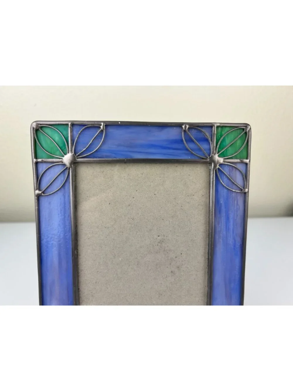 Vintage Stained Glass & Metal Picture Frame Blue Green Silver Home Decor
