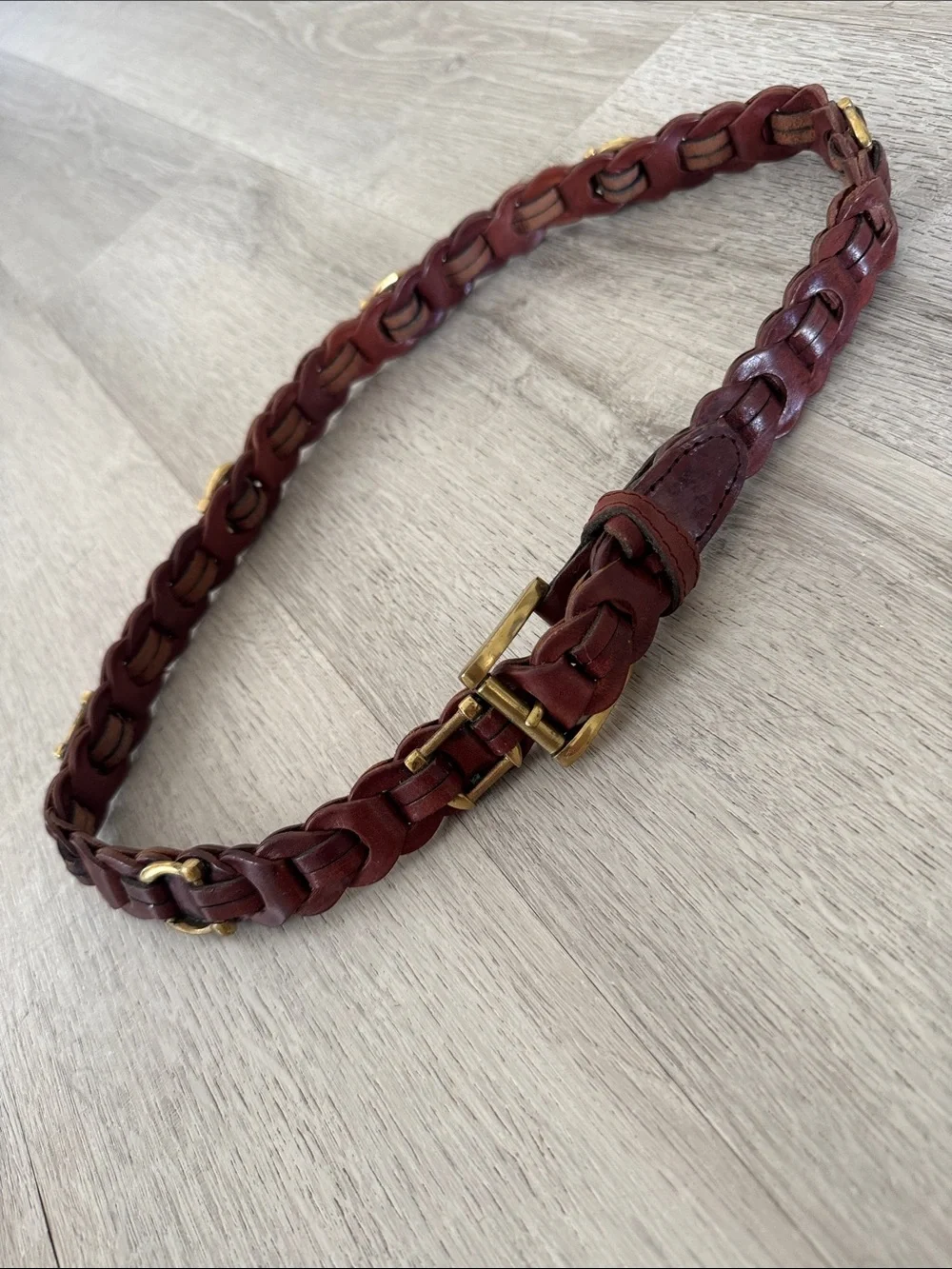 Aimee Lynn Belt Small Brown Leather Brass Buckle Braided Link Horseshoe Western