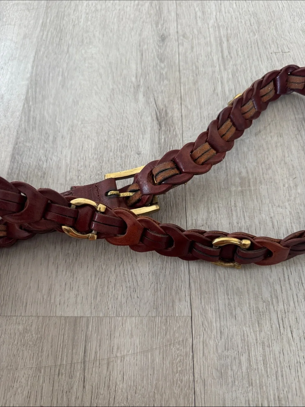 Aimee Lynn Belt Small Brown Leather Brass Buckle Braided Link Horseshoe Western
