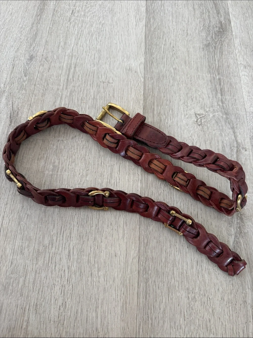 Aimee Lynn Belt Small Brown Leather Brass Buckle Braided Link Horseshoe Western