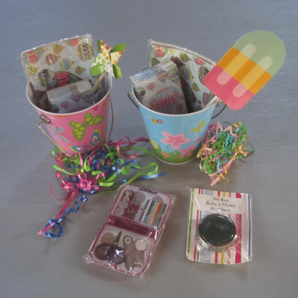 Set of 2 Tin Pails ~ 4.5 in ~ Pink with Butterflies and Blue with Flowers