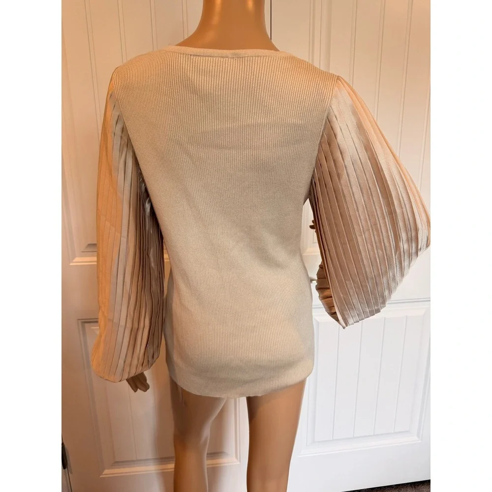 BCX Womens Champagne Ribbed Knit V-Neck Sweater Pleated Satin Balloon Sleeve XL