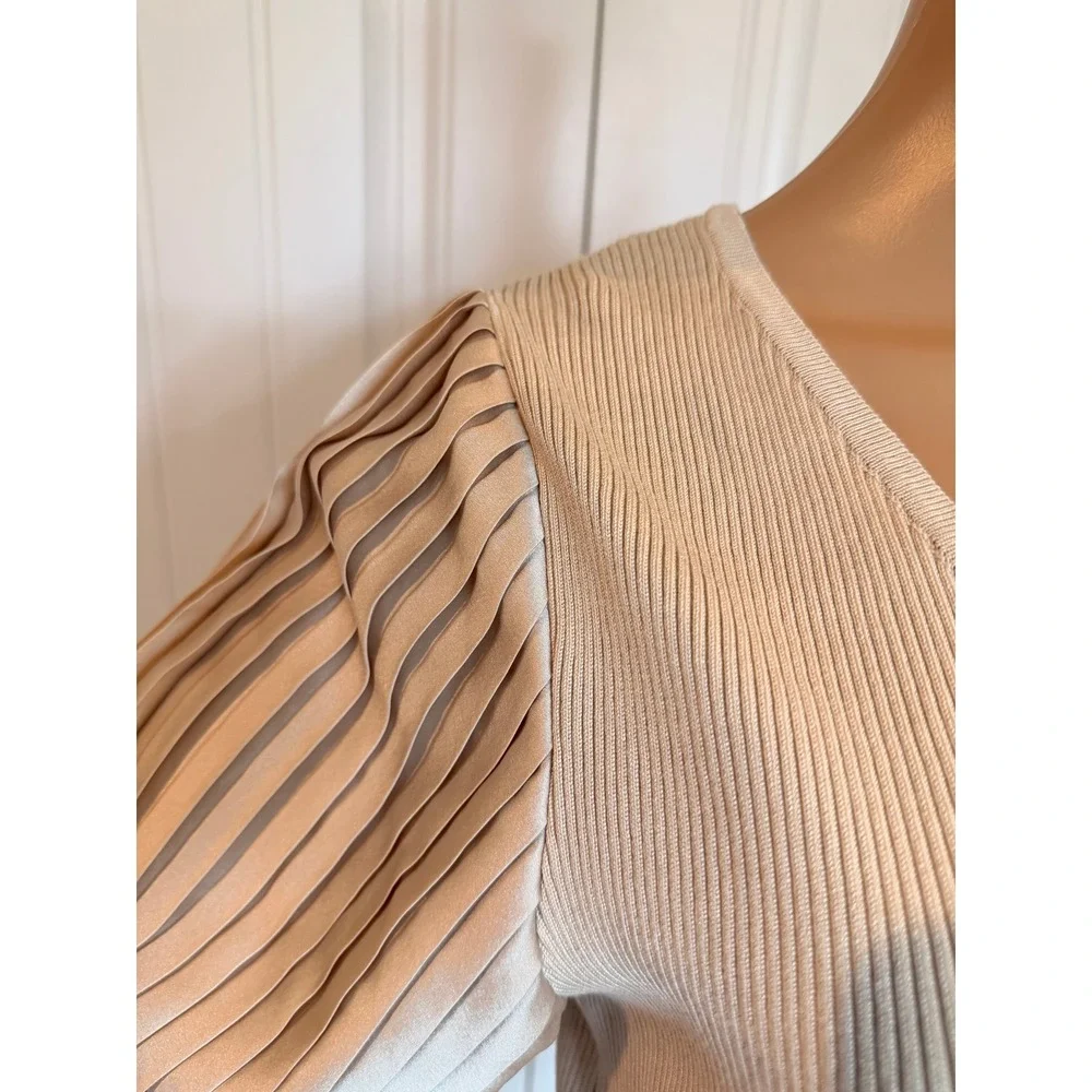 BCX Womens Champagne Ribbed Knit V-Neck Sweater Pleated Satin Balloon Sleeve XL