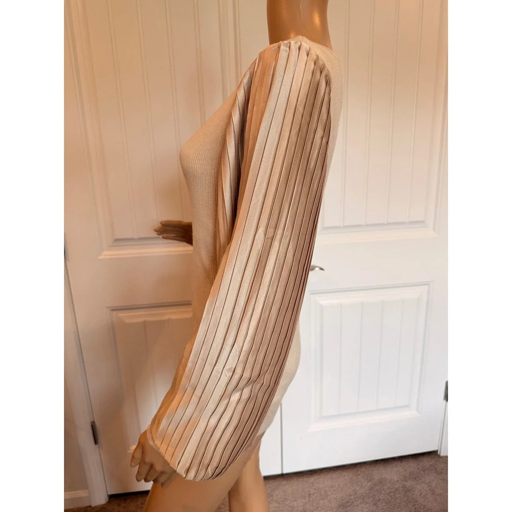 BCX Womens Champagne Ribbed Knit V-Neck Sweater Pleated Satin Balloon Sleeve XL