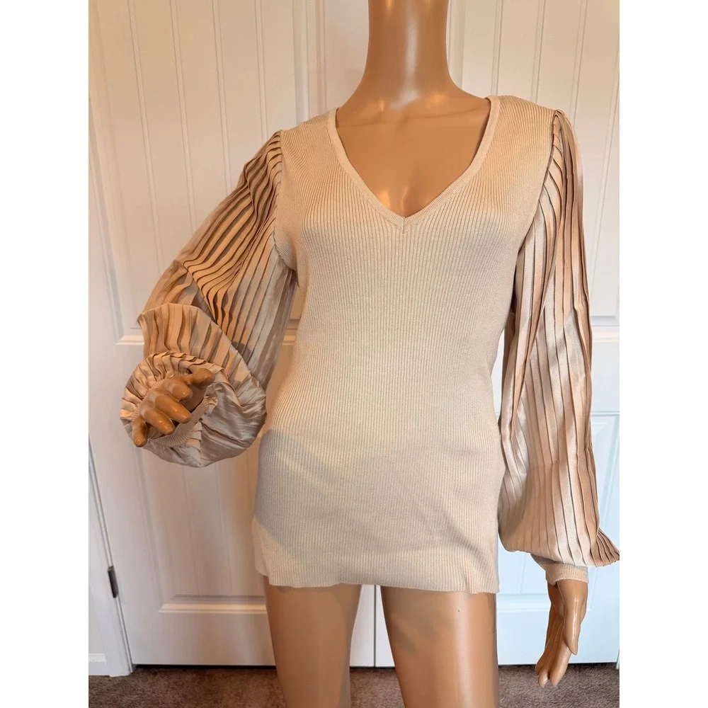 BCX Womens Champagne Ribbed Knit V-Neck Sweater Pleated Satin Balloon Sleeve XL
