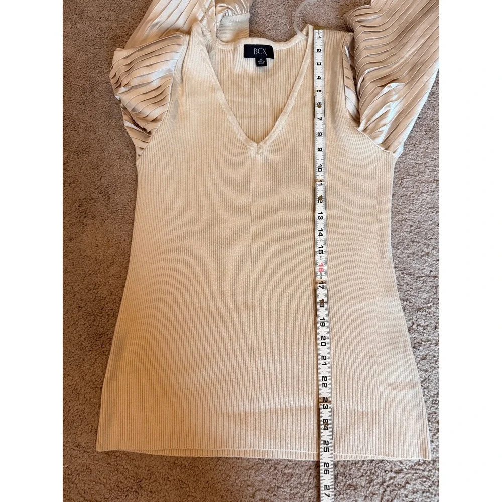 BCX Womens Champagne Ribbed Knit V-Neck Sweater Pleated Satin Balloon Sleeve XL