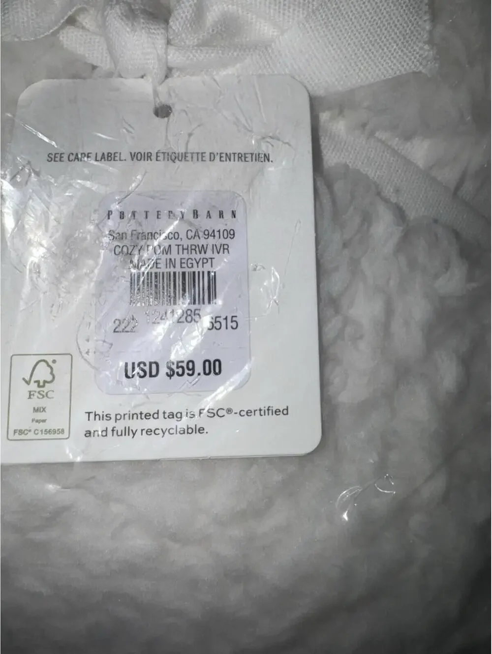 Pottery Barn Cozy Pom Pom Throw - 50x60 IN - Color White NEW