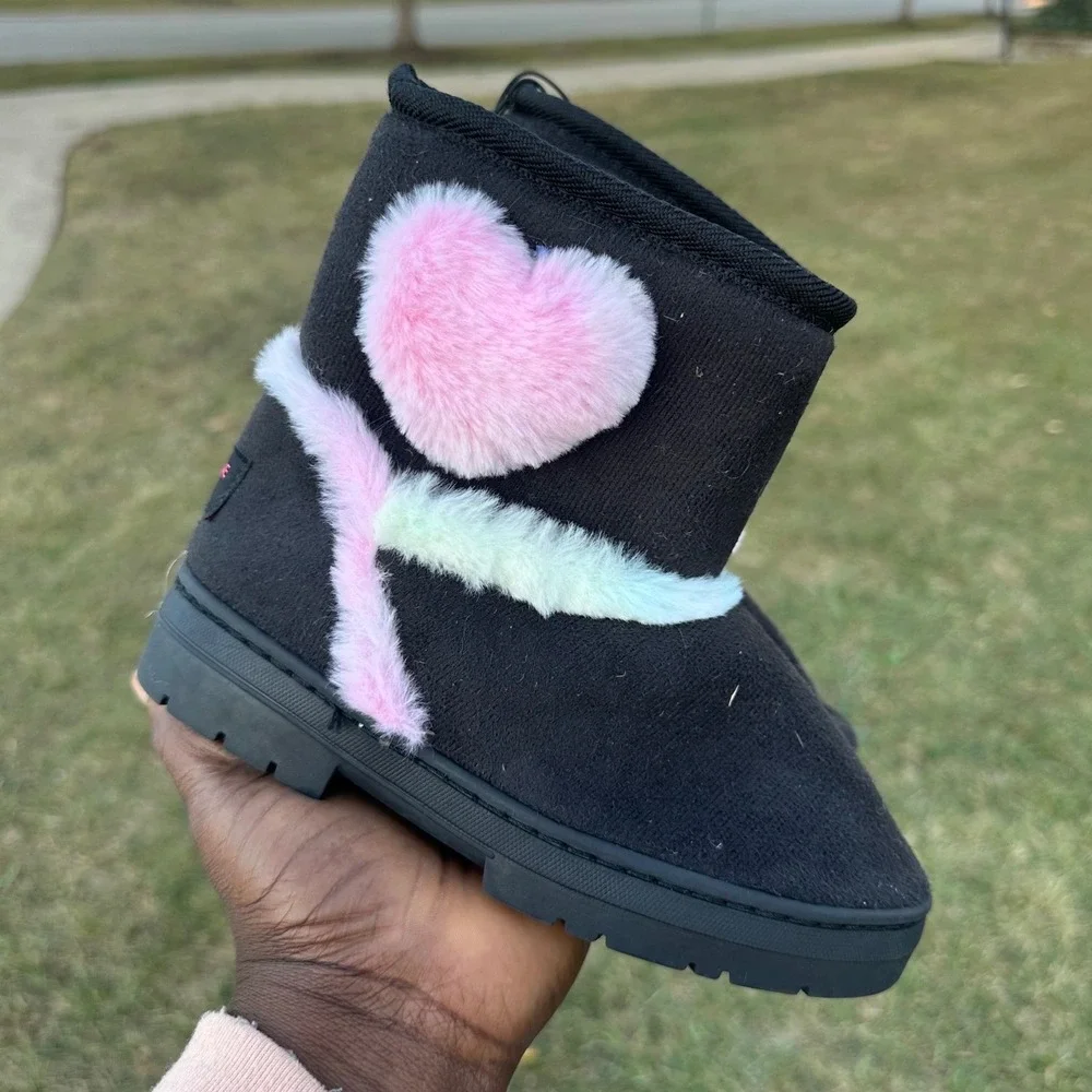 Rampage Little Girls Fur Heart‎ Microsuede Boots Size 13 Black