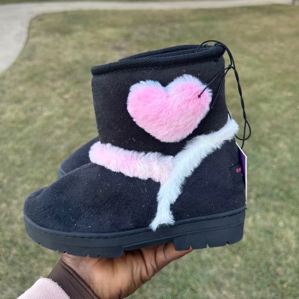 Rampage Little Girls Fur Heart‎ Microsuede Boots Size 13 Black