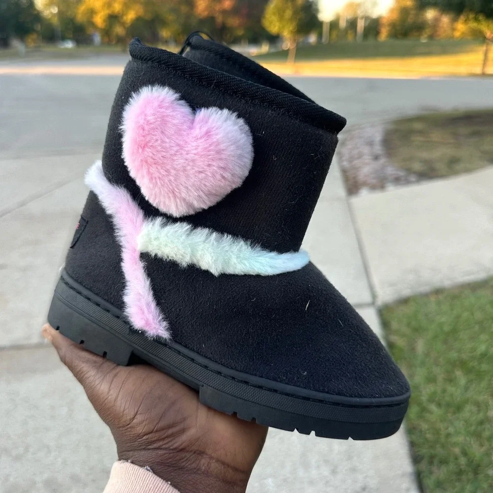Rampage Little Girls Fur Heart‎ Microsuede Boots Size 13 Black