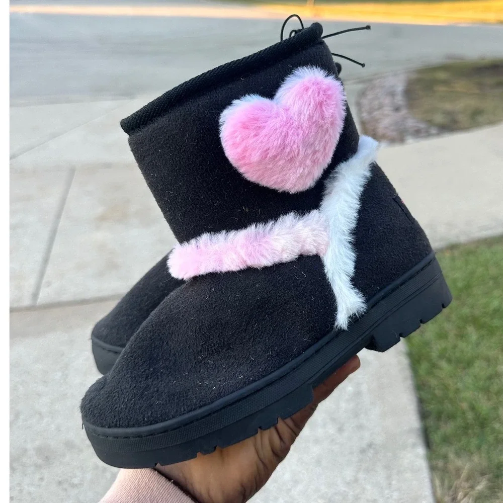 Rampage Little Girls Fur Heart‎ Microsuede Boots Size 13 Black
