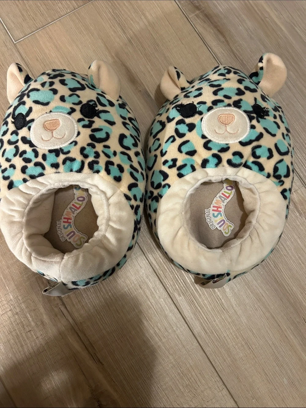 Squishmallows Kids Leopard Print Slippers in Cream, Teal, Black