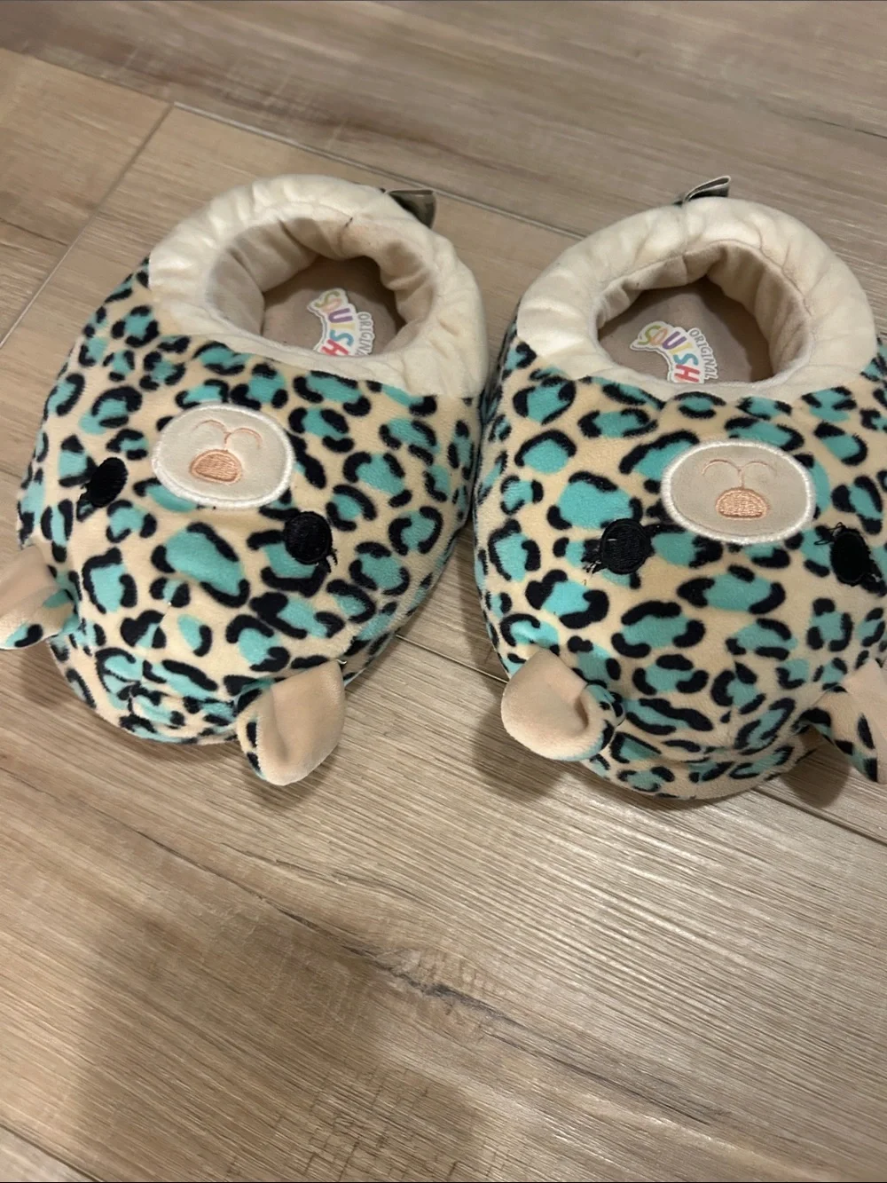 Squishmallows Kids Leopard Print Slippers in Cream, Teal, Black