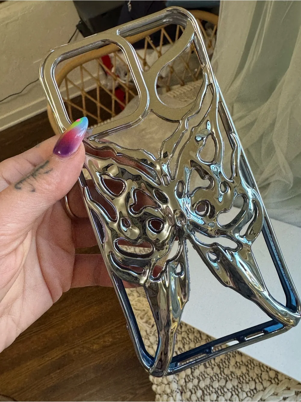 Chrome Sculptural Silver and Blue Butterfly Phone Case