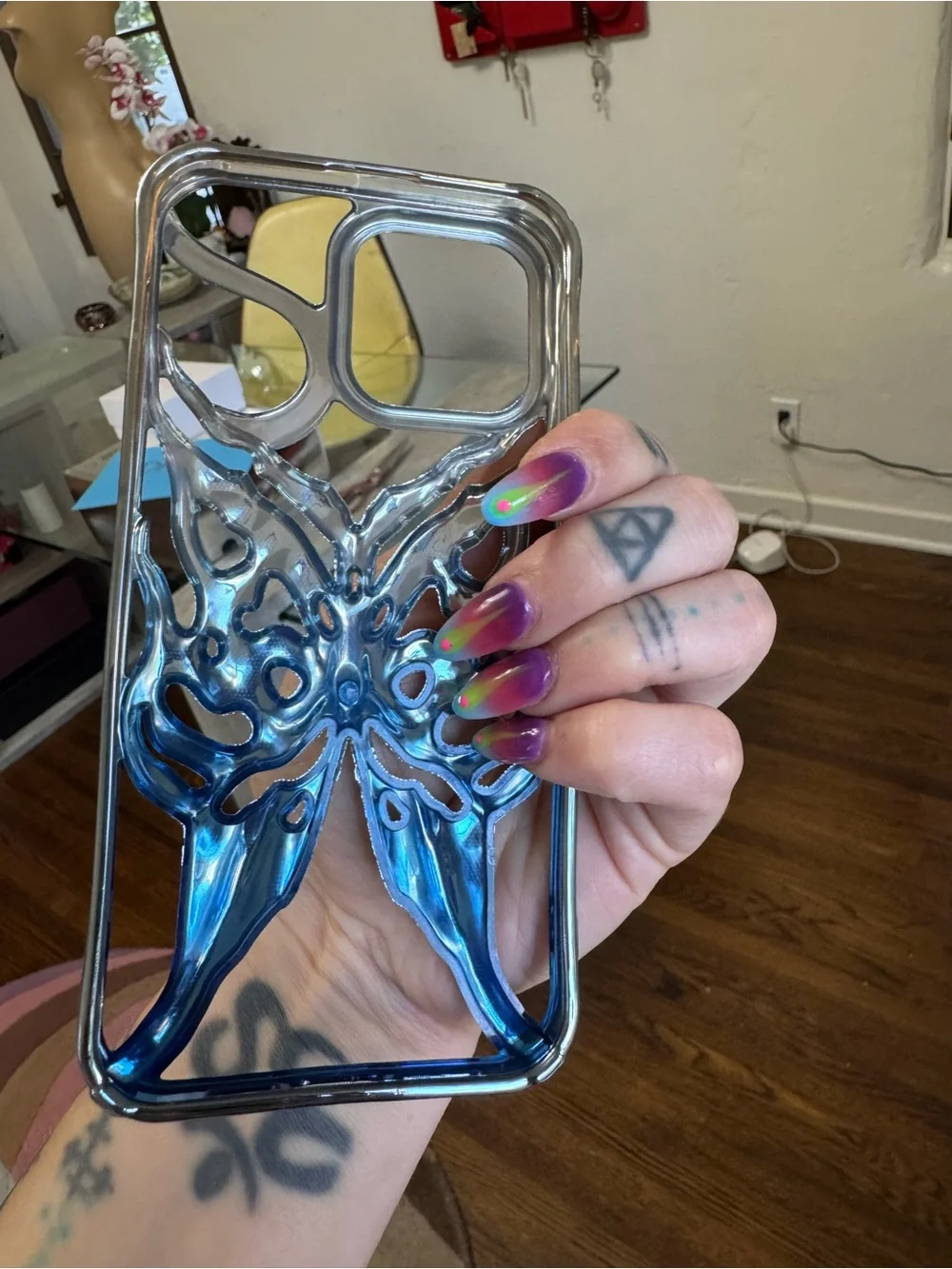 Chrome Sculptural Silver and Blue Butterfly Phone Case