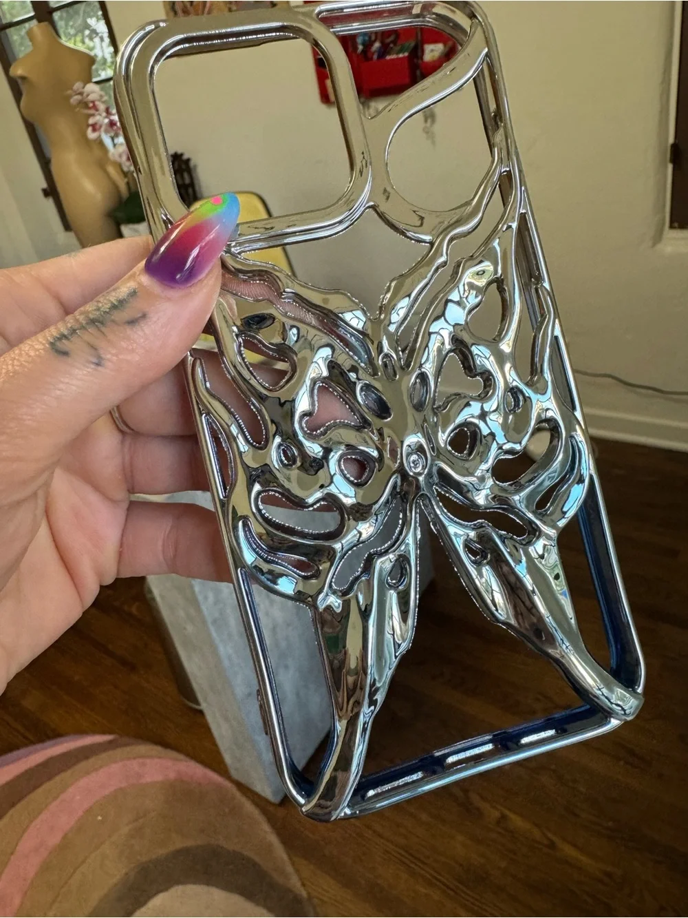 Chrome Sculptural Silver and Blue Butterfly Phone Case