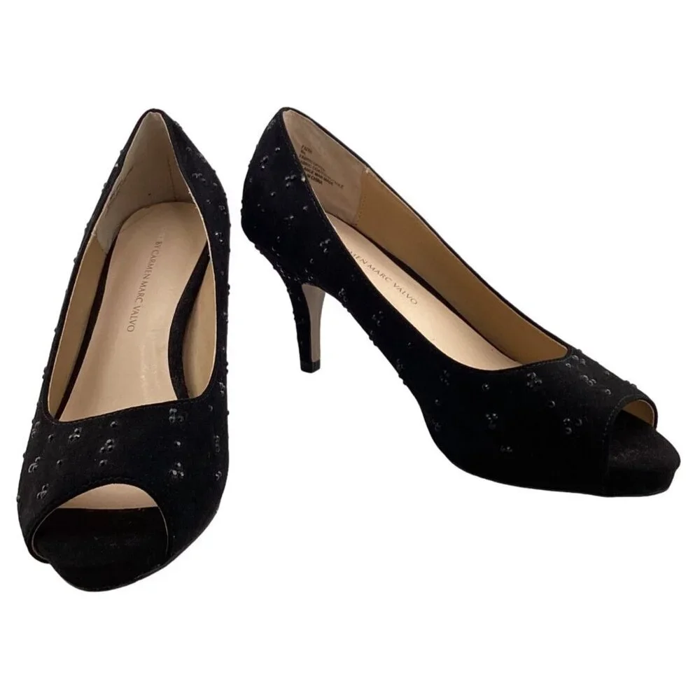 Luxe By Carmen‎ Marc Valvo Heels Size 8 Faith Womens Black Peep Toe Beaded