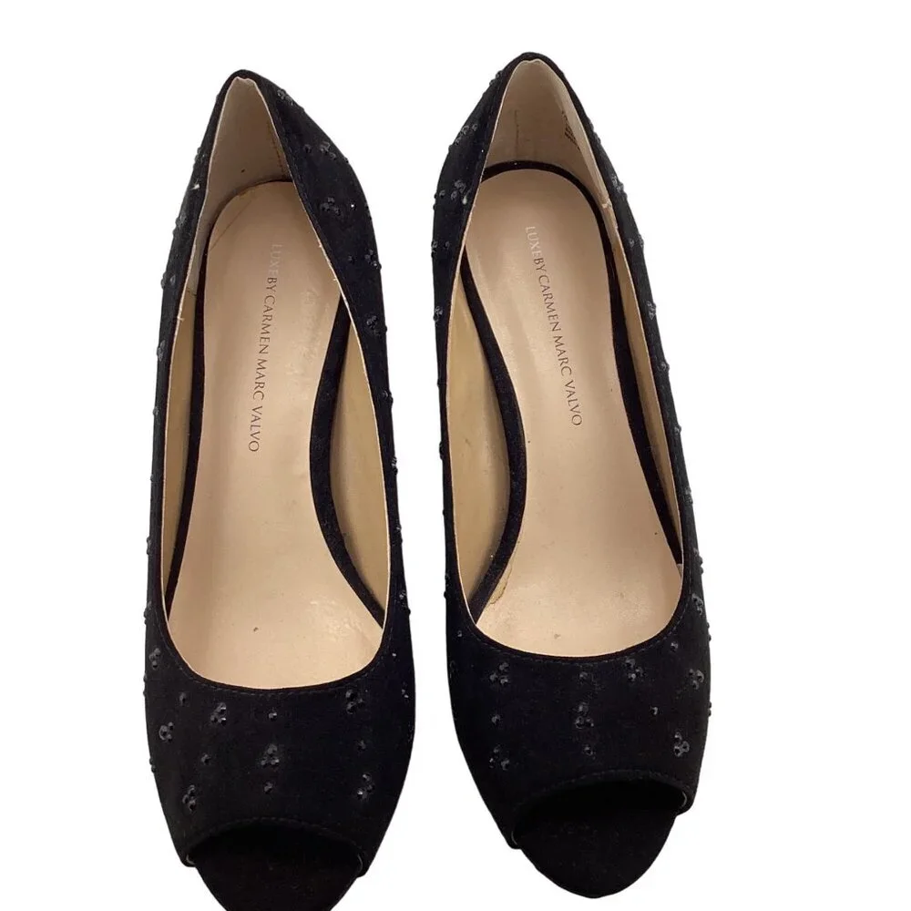 Luxe By Carmen‎ Marc Valvo Heels Size 8 Faith Womens Black Peep Toe Beaded