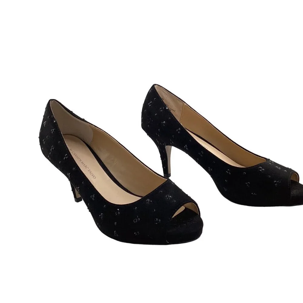 Luxe By Carmen‎ Marc Valvo Heels Size 8 Faith Womens Black Peep Toe Beaded