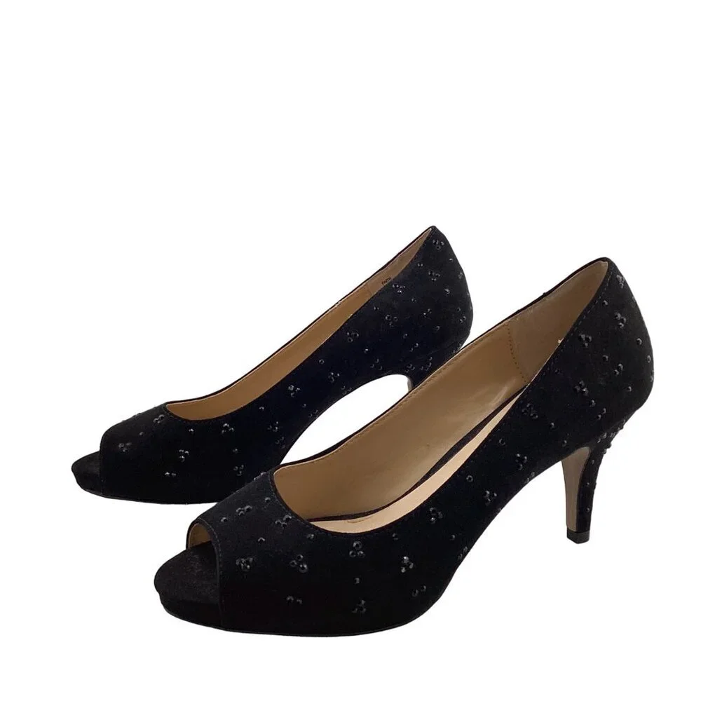 Luxe By Carmen‎ Marc Valvo Heels Size 8 Faith Womens Black Peep Toe Beaded