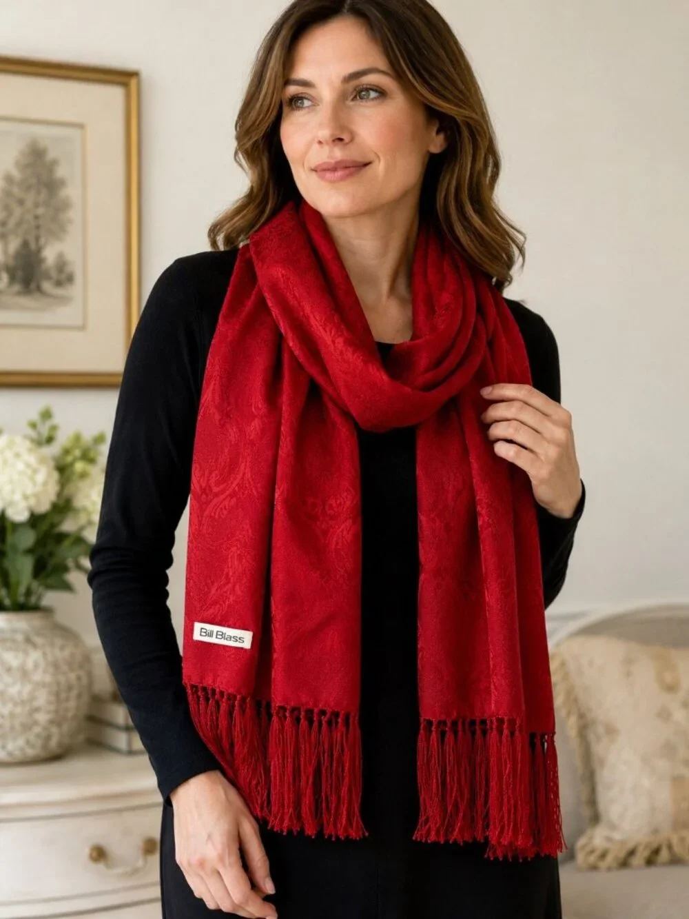 Bill Blass Red Silk Paisley Fringe Scarf Wrap Shawl 100% Silk