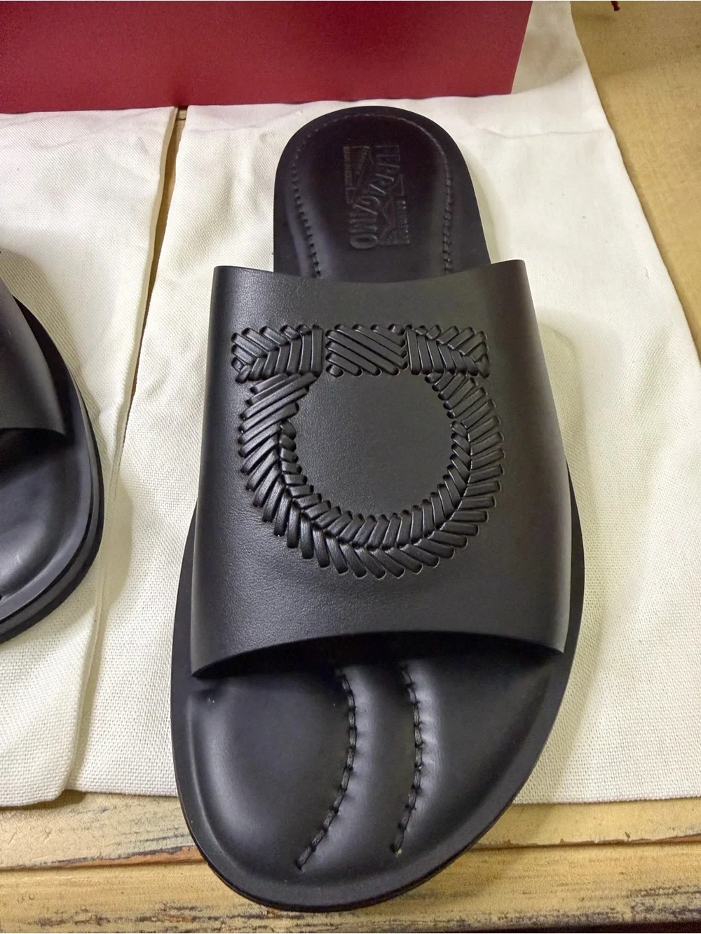 Salvatore Ferragamo Lionel Black Leather Slide Sandals