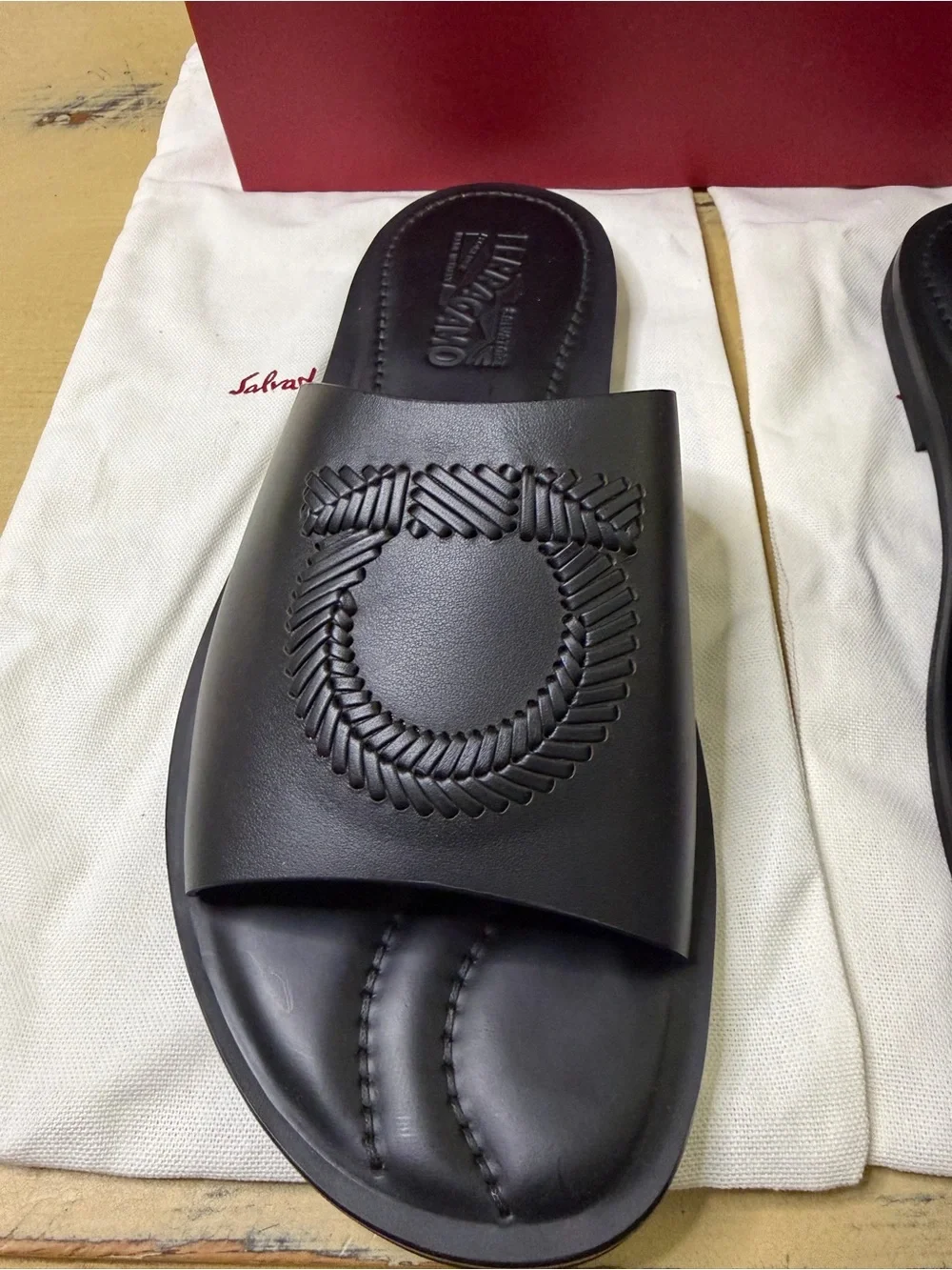 Salvatore Ferragamo Lionel Black Leather Slide Sandals