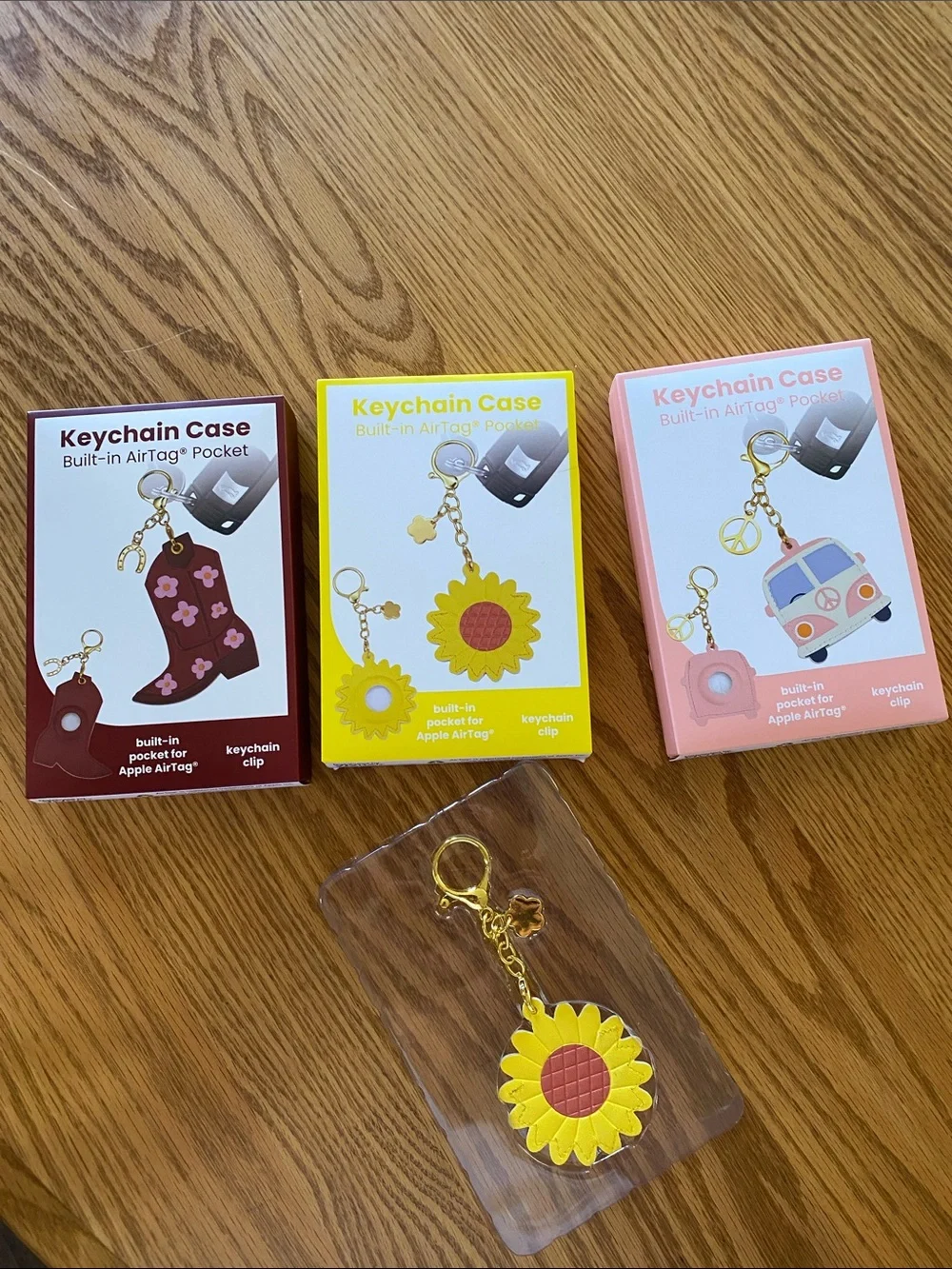 Keychain Case w/ Built-in AirTag Pocket Sunflower, Bus, Cowboy Boot Choose One