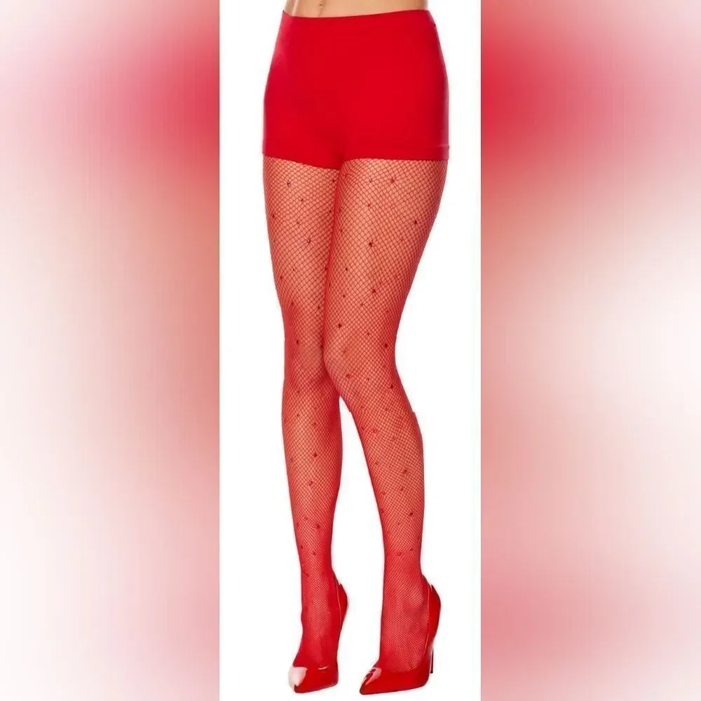 🔸️NWT Red w/Hearts Fishnet Tights Medium/Large