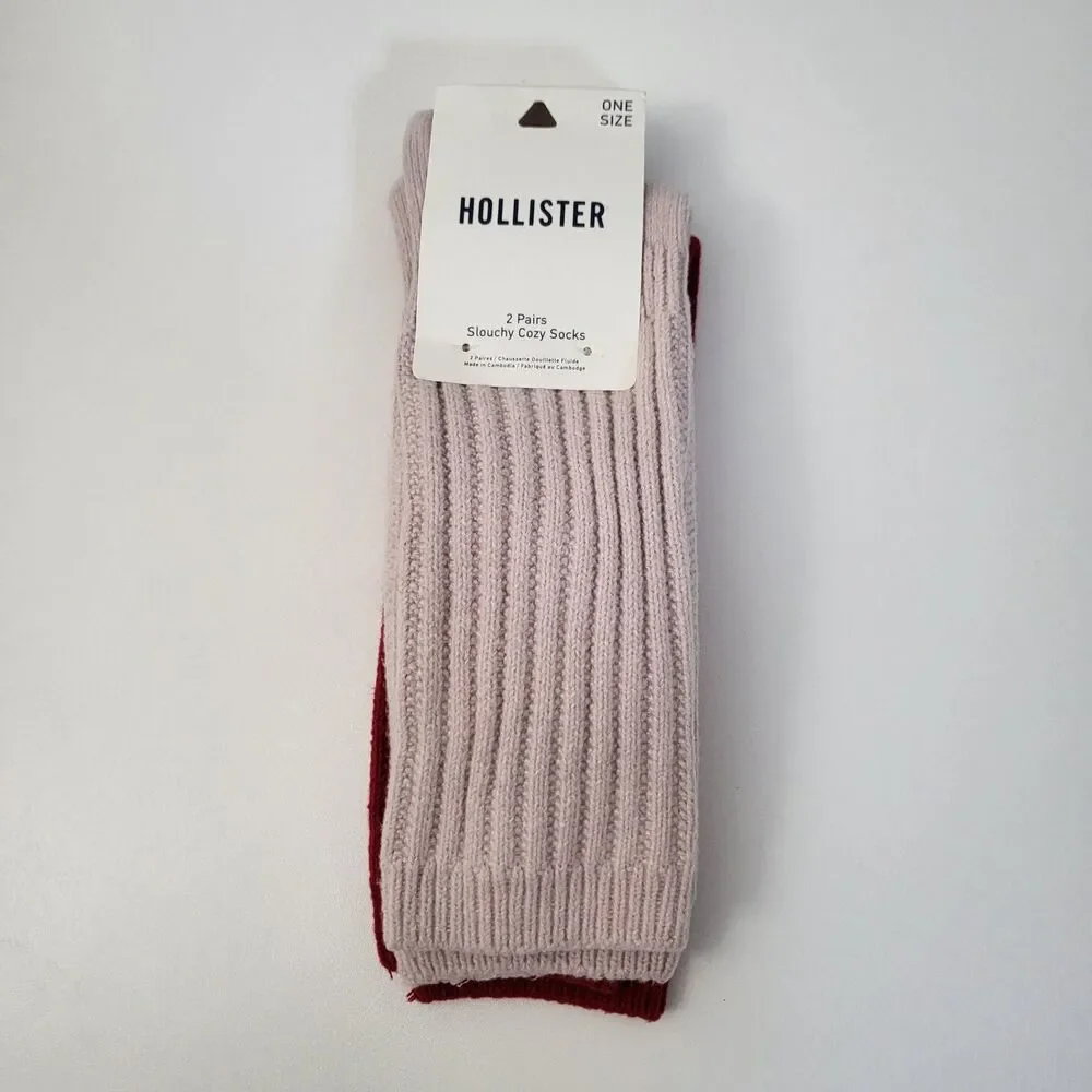NWT HOLLISTER Socks Slouchy Cozy 2 Pairs Pink Red One Size Ribbed Loungewear