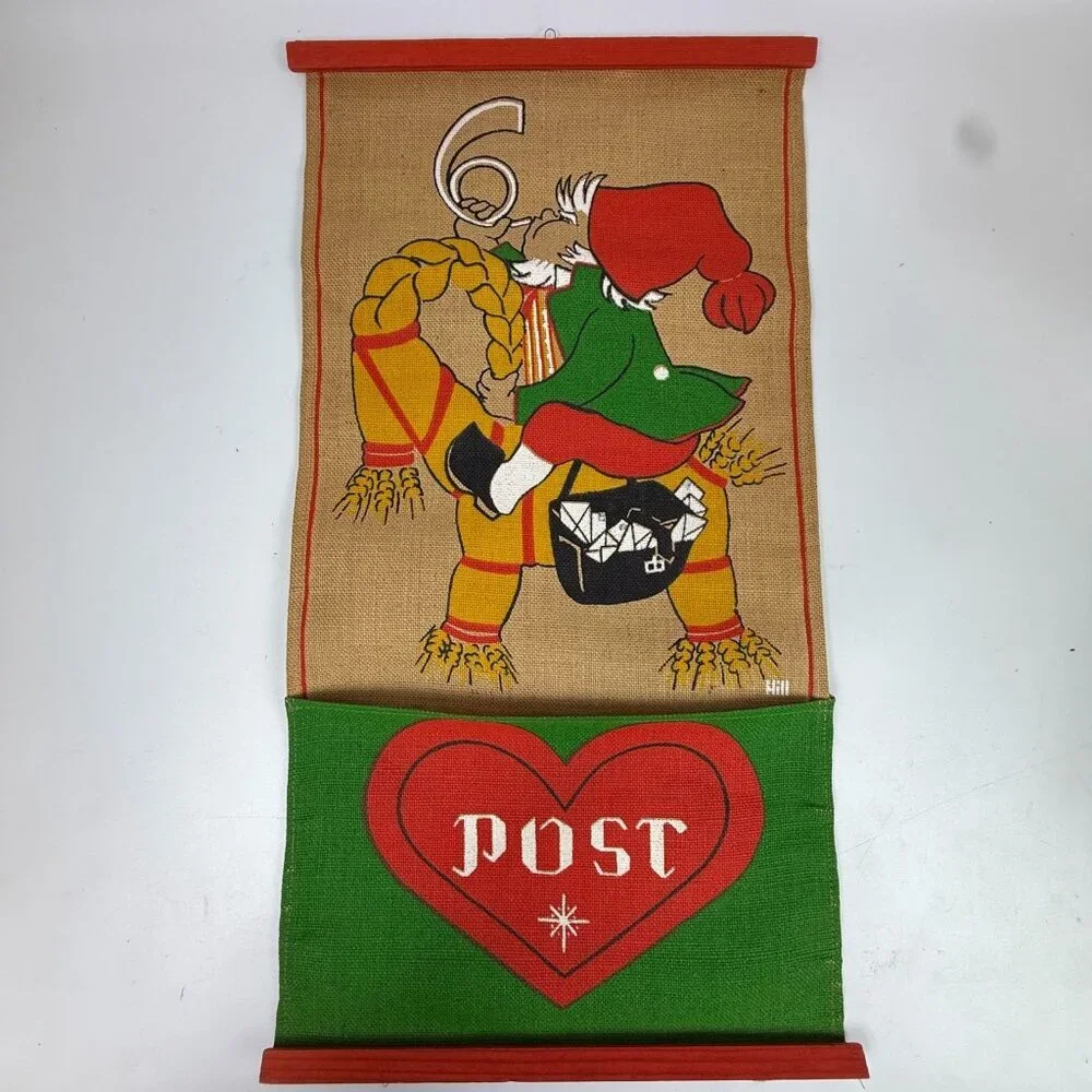 Vintage Swedish Christmas Jute Tapestry Mail Pocket Gnome On Straw Goat Wall Han