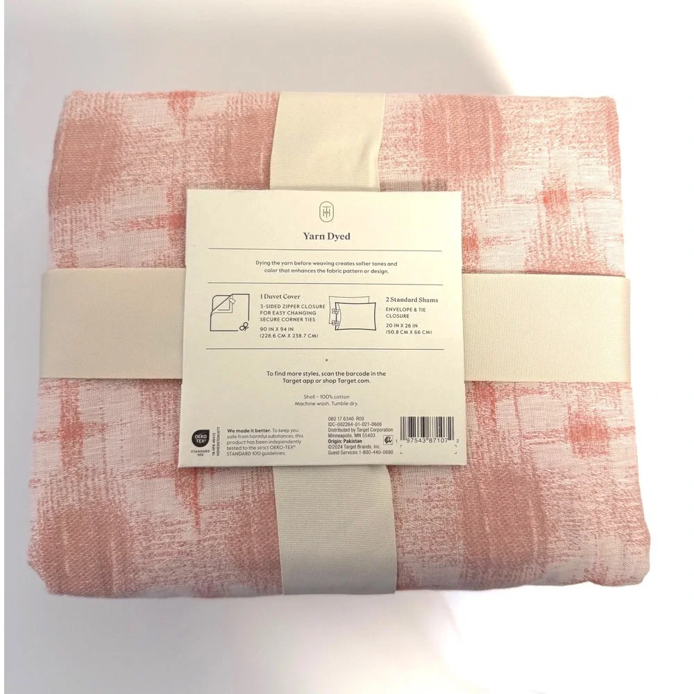 Threshold Duvet Cover Set Full/Queen Pink Yarn Dyed Cotton 3pc Abstract Plaid