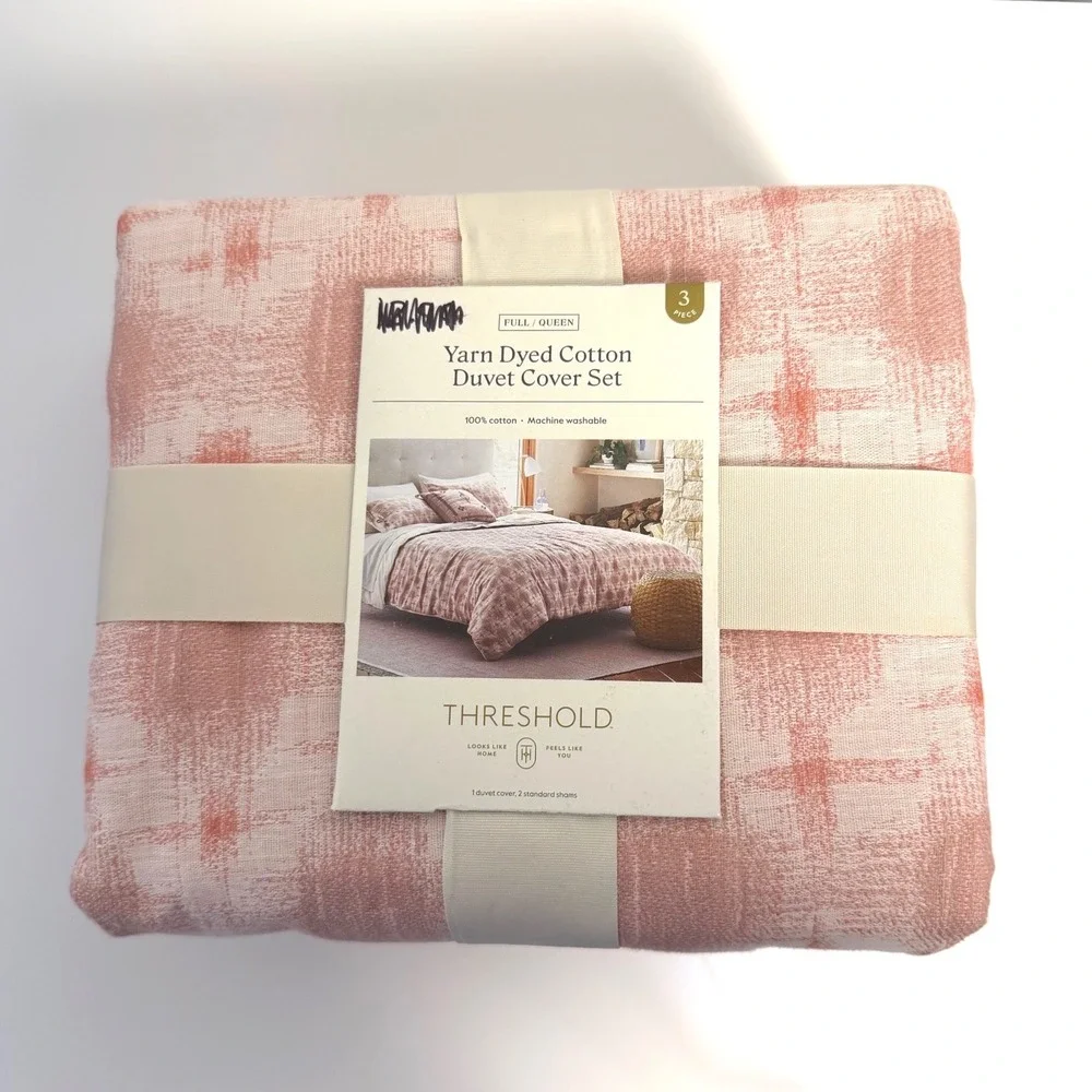 Threshold Duvet Cover Set Full/Queen Pink Yarn Dyed Cotton 3pc Abstract Plaid