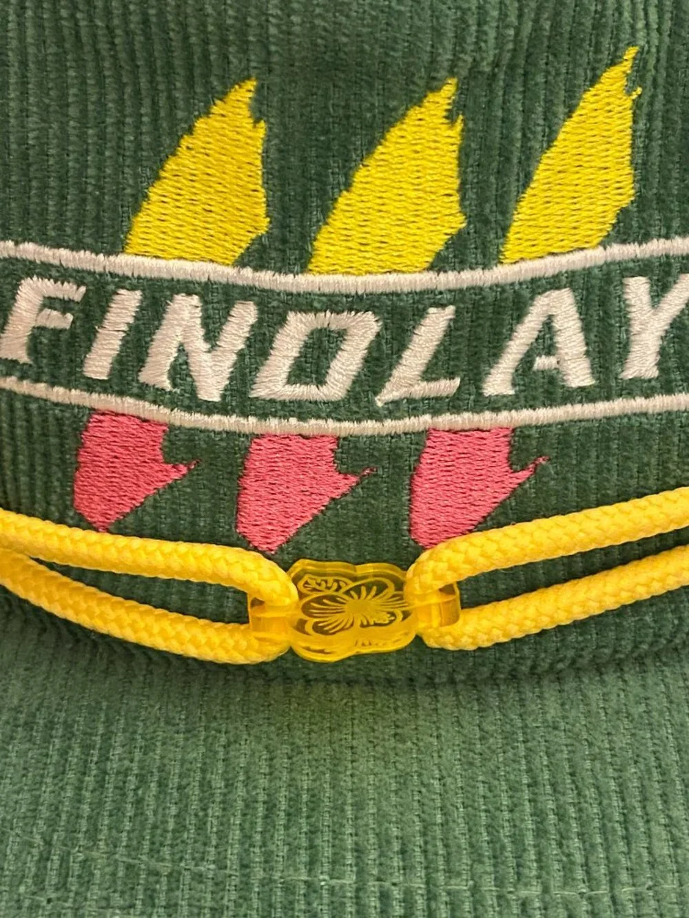 FINDLAY Portland Snapback Green Corduroy Hat with Yellow Cord + Flower Charm