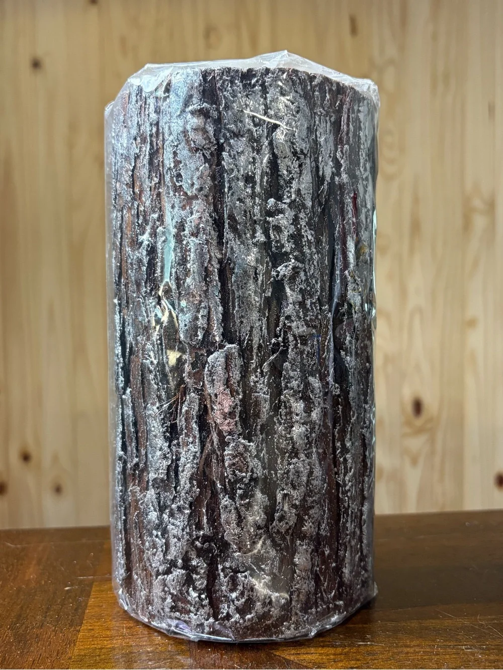 Pottery Barn Metallic Bark-Textured Pillar Candle in Dark Brown and Gold Accents