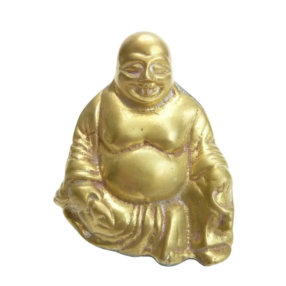 Vintage Brass Laughing Buddha Statue Small Sitting Figurine Feng Shui Boho Decor