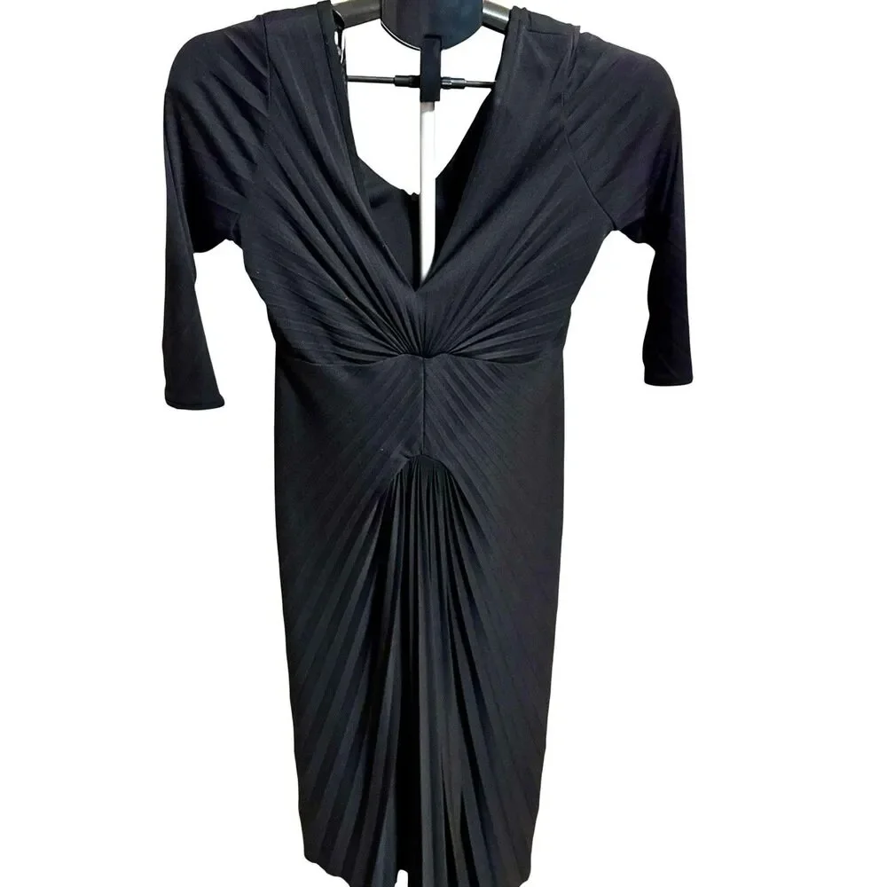 Max Azria Black Knot Dress Sz XS Midi‎ Ruching Front Gown V Neck Cocktail