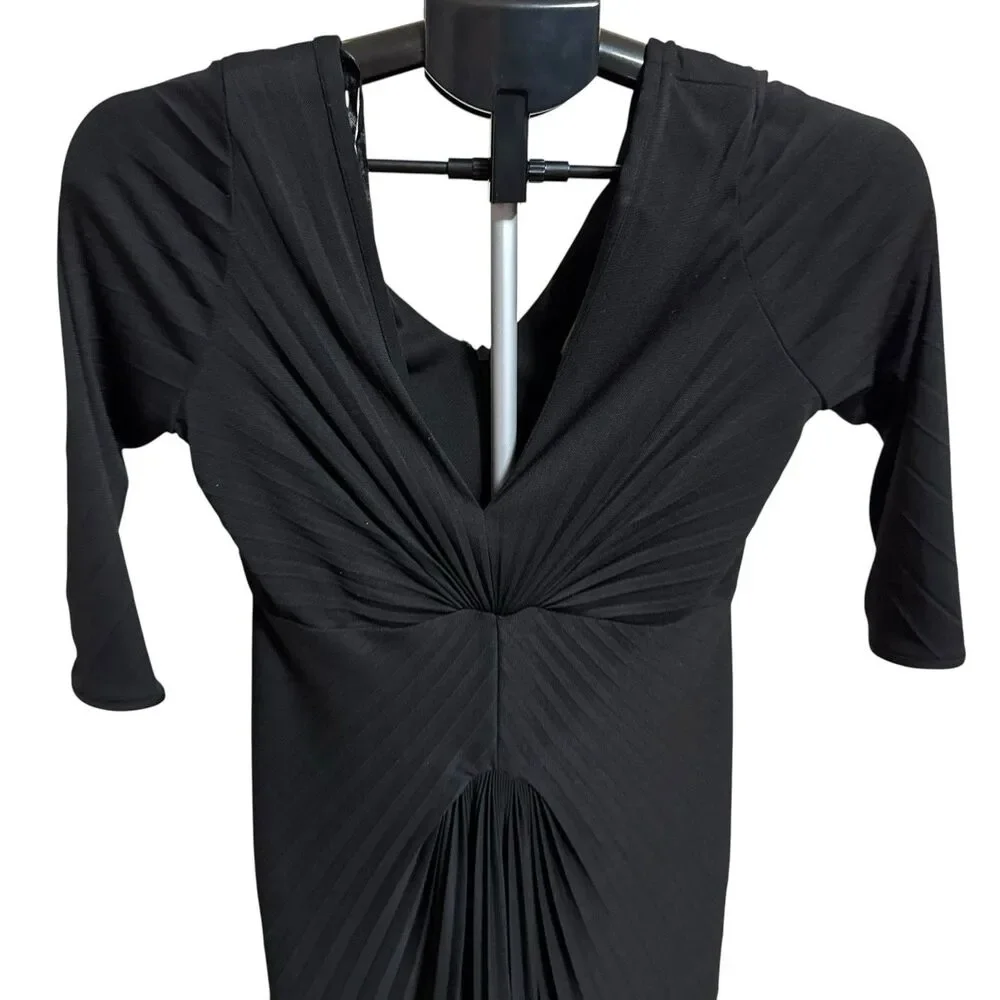 Max Azria Black Knot Dress Sz XS Midi‎ Ruching Front Gown V Neck Cocktail
